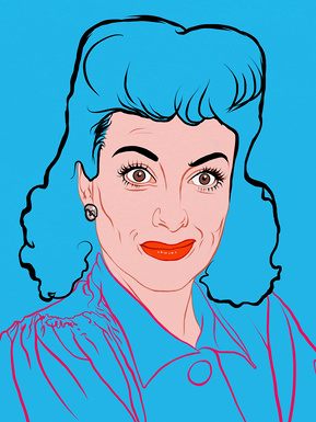 Joan Crawford on blue Artwork by Ryan Hodge illustration.  Fine art giclée print available in sizes A4, A3 & A2, framed or print only.  Gay icon.  No more wire hangers!  Minimal line style. 