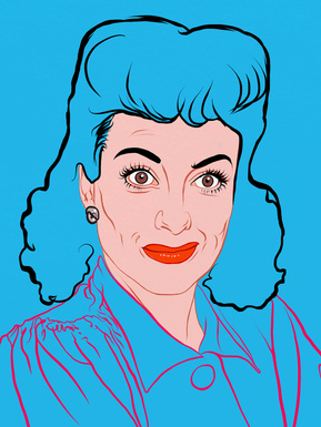 Joan Crawford on blue Artwork by Ryan Hodge illustration.  Fine art giclée print available in sizes A4, A3 & A2, framed or print only.  Gay icon.  No more wire hangers!  Minimal line style. 