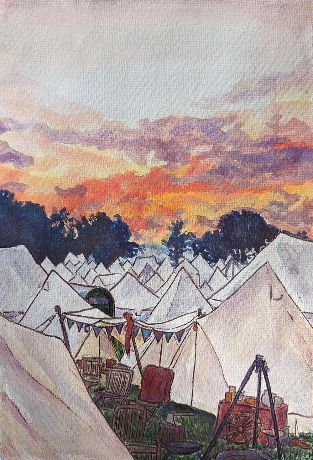 White cavas bell tents going up a hill with a forest backdrop and orange sky.