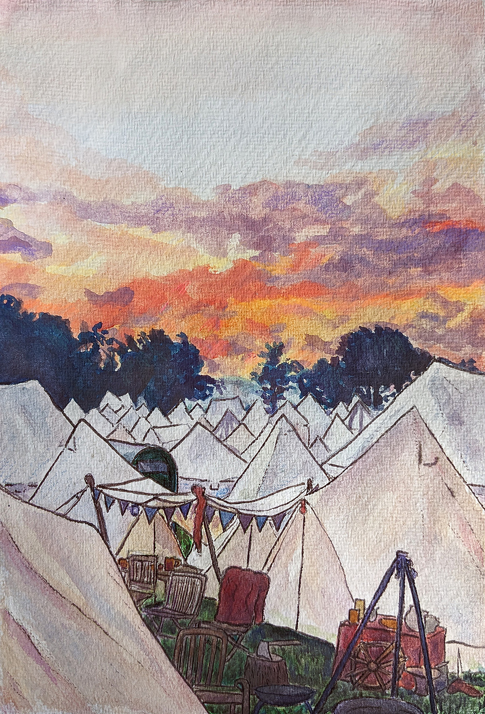 White cavas bell tents going up a hill with a forest backdrop and orange sky.