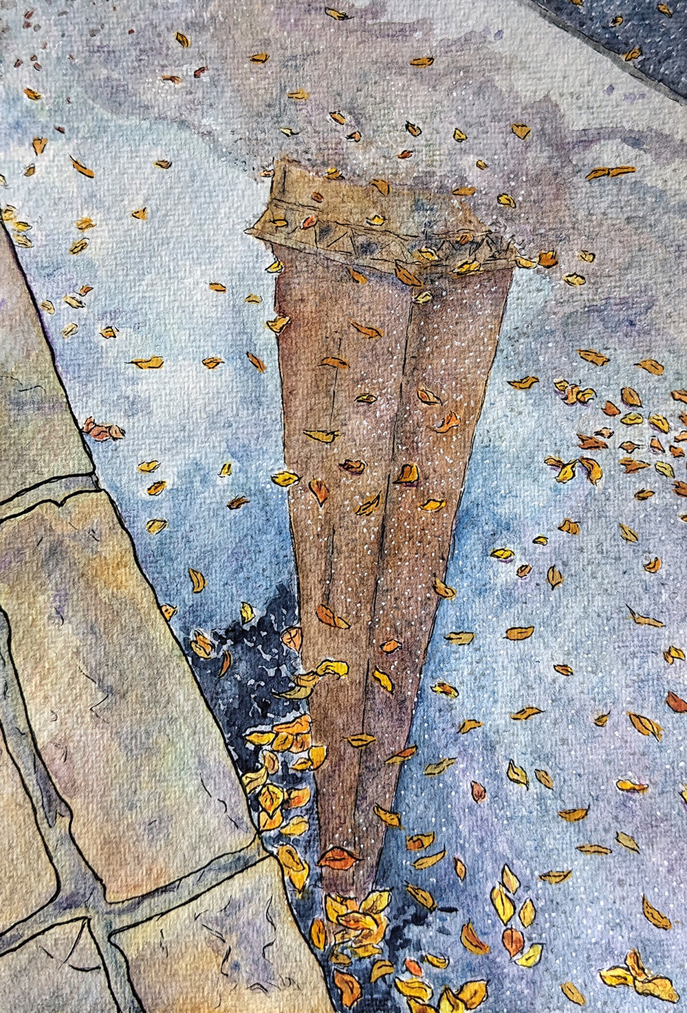 Painting of a sandstone spire reflected in a puddle on the side of a road, with a visible pavement. Gold leaves float on the water.