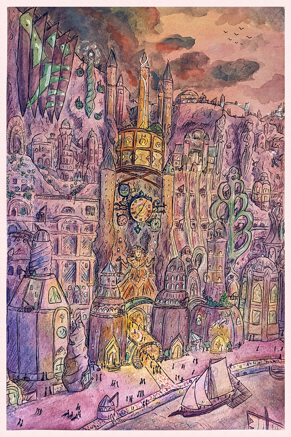 A vertical fantasy city on the side of a cliff with a small ship in the river.