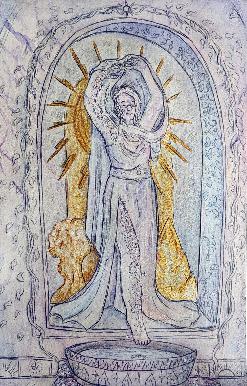 A statue of a woman stepping forward into a basin of water. Her eyes are closed and she is lifting a veil off her head. There is a gold sun, tree, and mountain behind her.