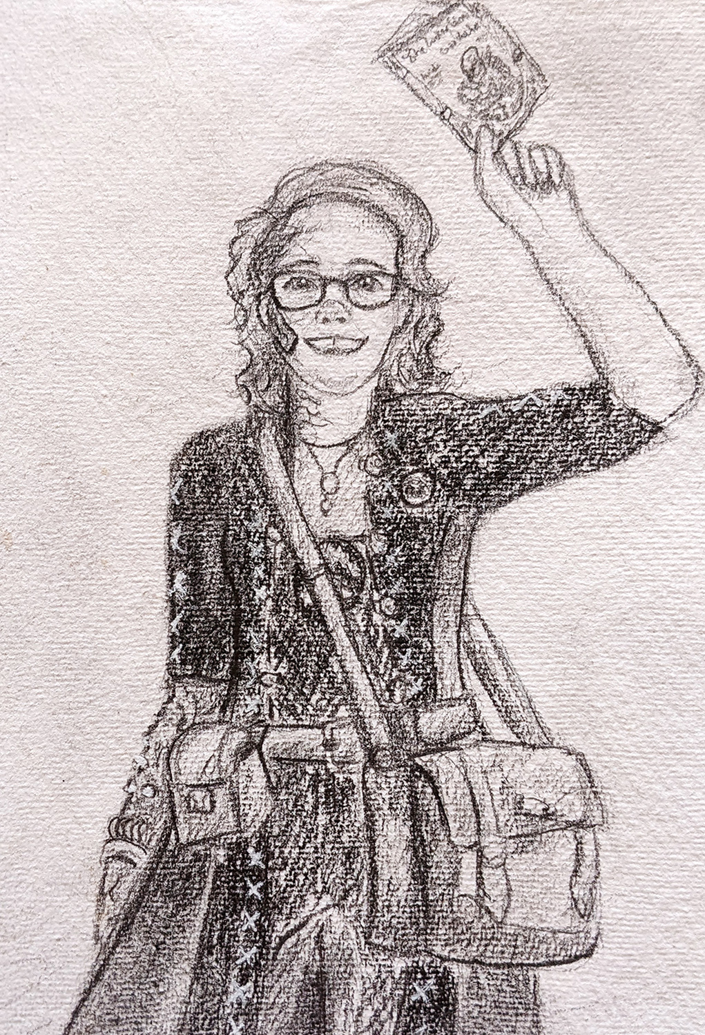 A sketch of a woman in dark clothes, she had a big smile on her face and glasses, and she is holding up her a small booklet.