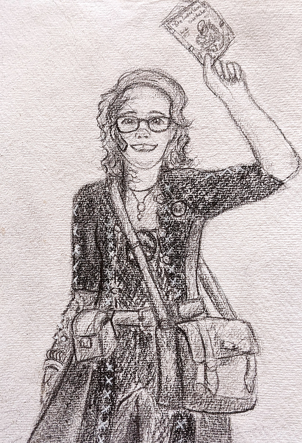 A sketch of a woman in dark clothes, she had a big smile on her face and glasses, and she is holding up her a small booklet.