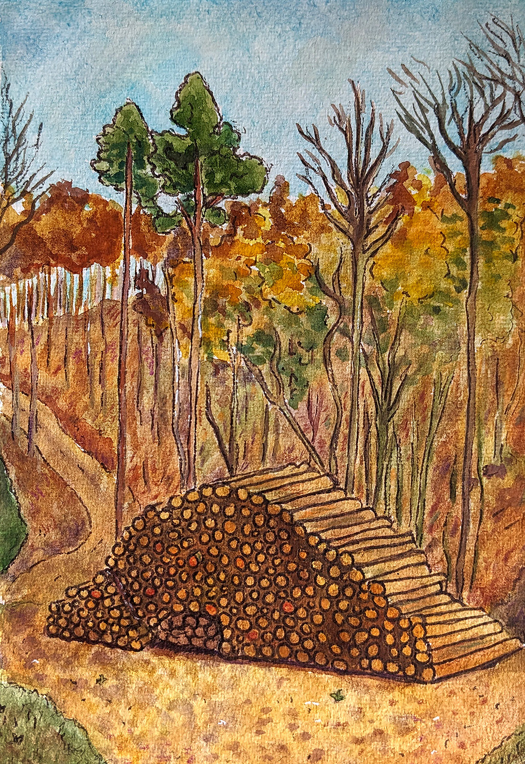 A painting of a woodpile in a sparse but golden woodland with the occasional sap green tree visible. 