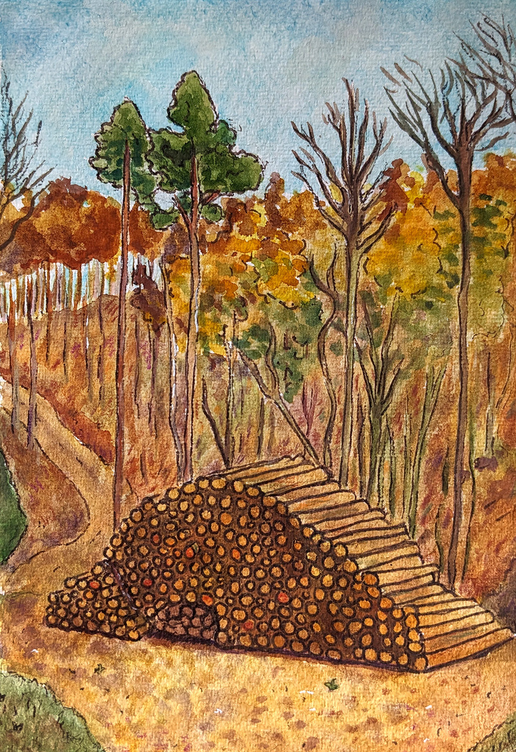 A painting of a woodpile in a sparse but golden woodland with the occasional sap green tree visible. 