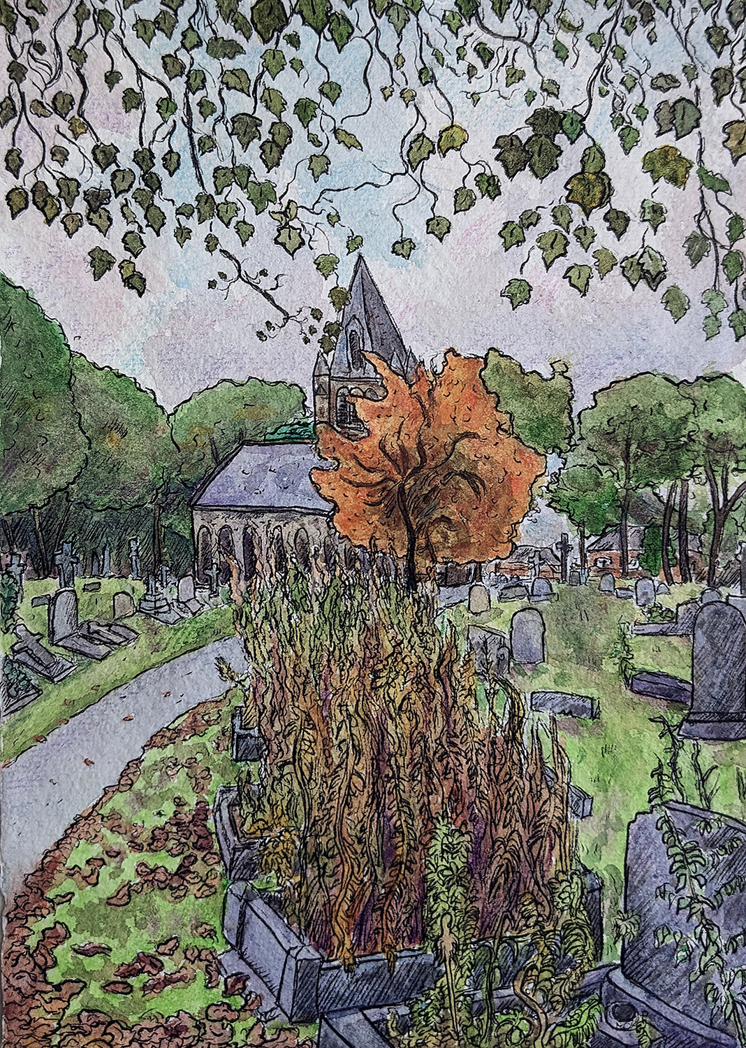 A chapel in a graveyard or cemetery with a single orange tree in front of it. The graves have plants growing from them. A path leads to the church and just past it. The sky is cloudy. The top of the image has leaves and branches framing the top. 