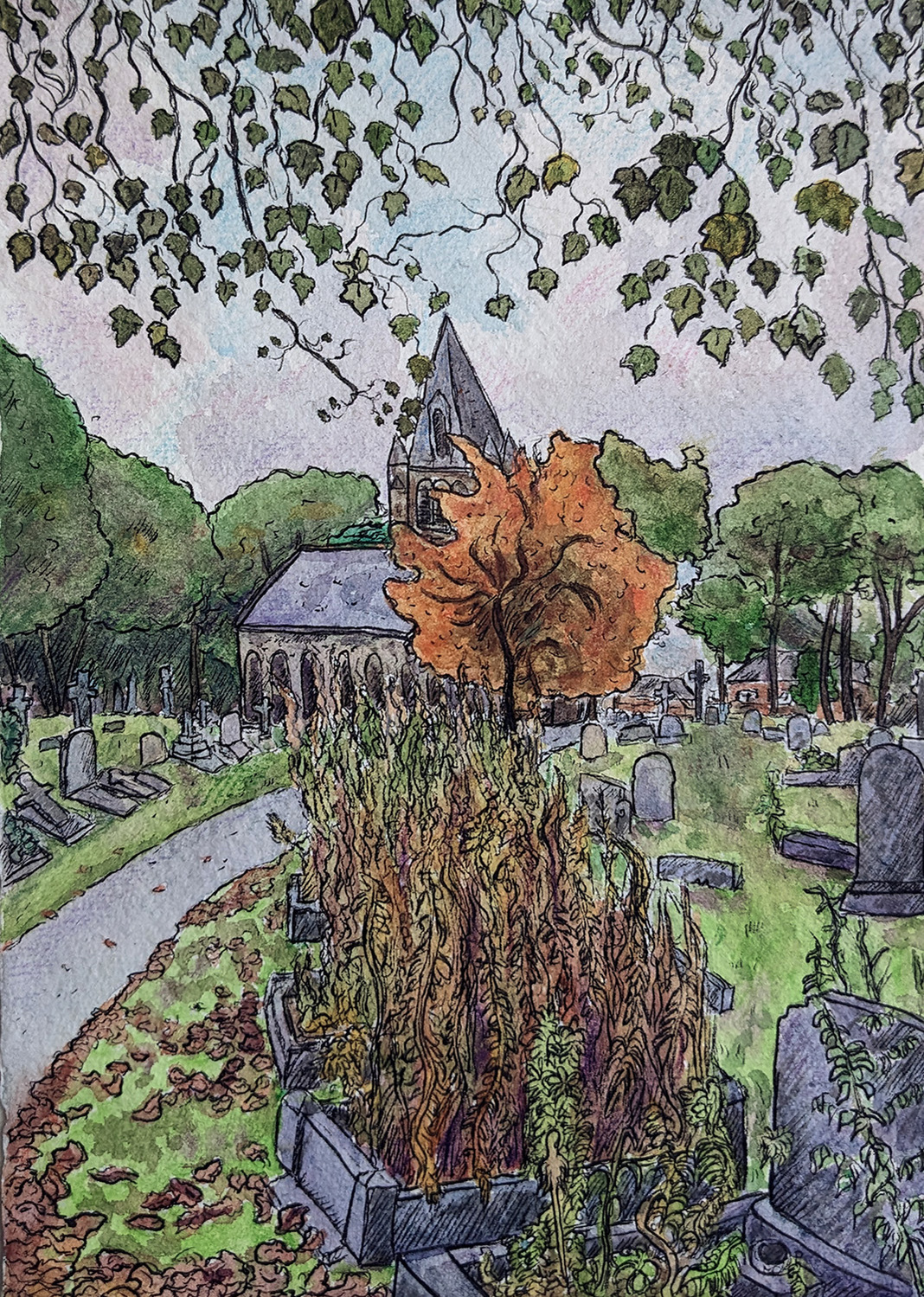 A chapel in a graveyard or cemetery with a single orange tree in front of it. The graves have plants growing from them. A path leads to the church and just past it. The sky is cloudy. The top of the image has leaves and branches framing the top. 