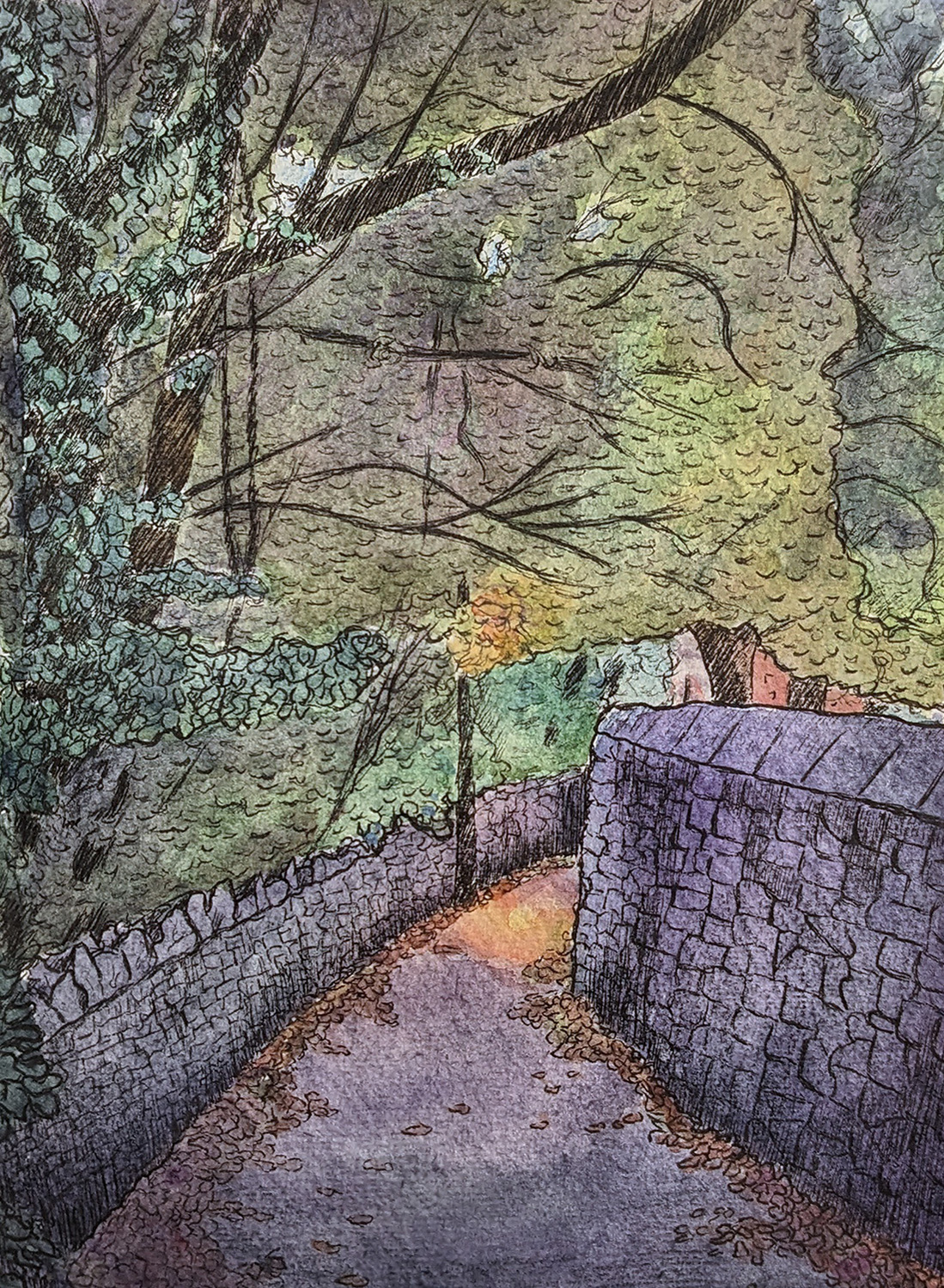 A painting of a path with stone walls either side and with a lamppost illuminating the ground. Trees are leaning over the left side of the image with green and brown leaves. There are orange leaves on the floor. 