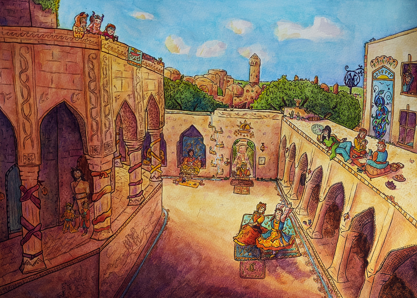 A fantasy plaza with two people dancing on a sunny day.
