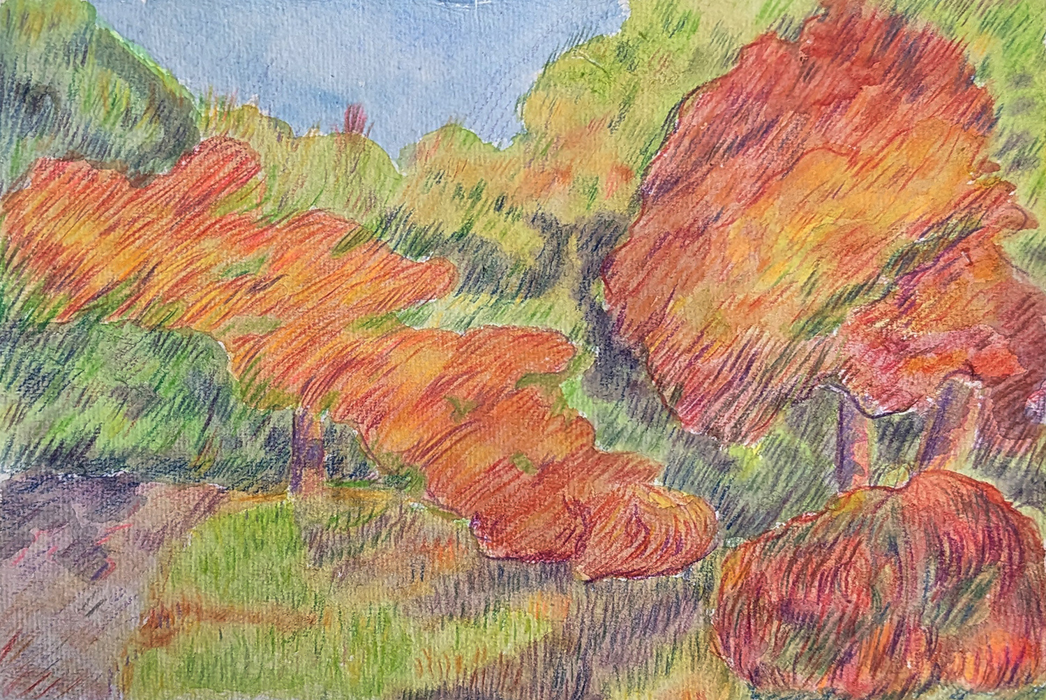 A drawing of two acer trees with red and orange pencil work that gives them a breezy appearance. 