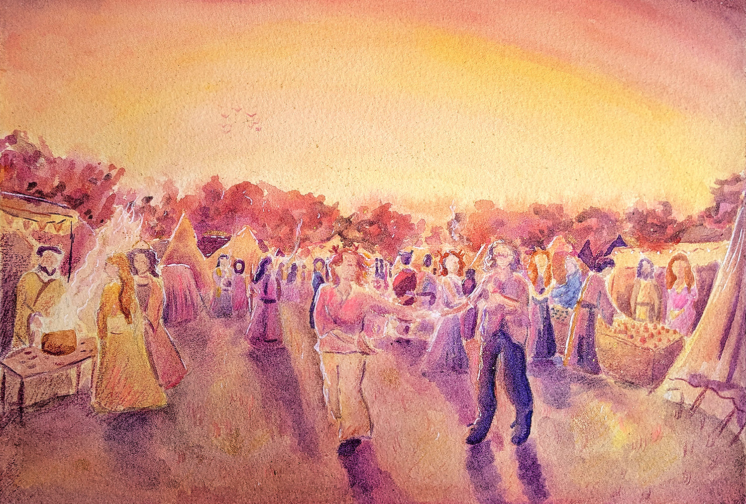 A watercolour image at sunset of tents and people interacting with each other.