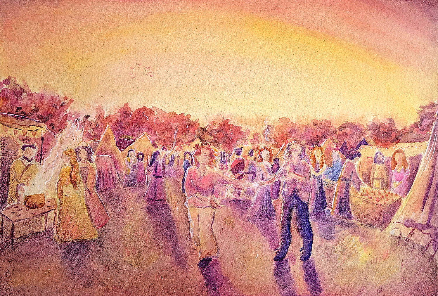 A watercolour image at sunset of tents and people interacting with each other.