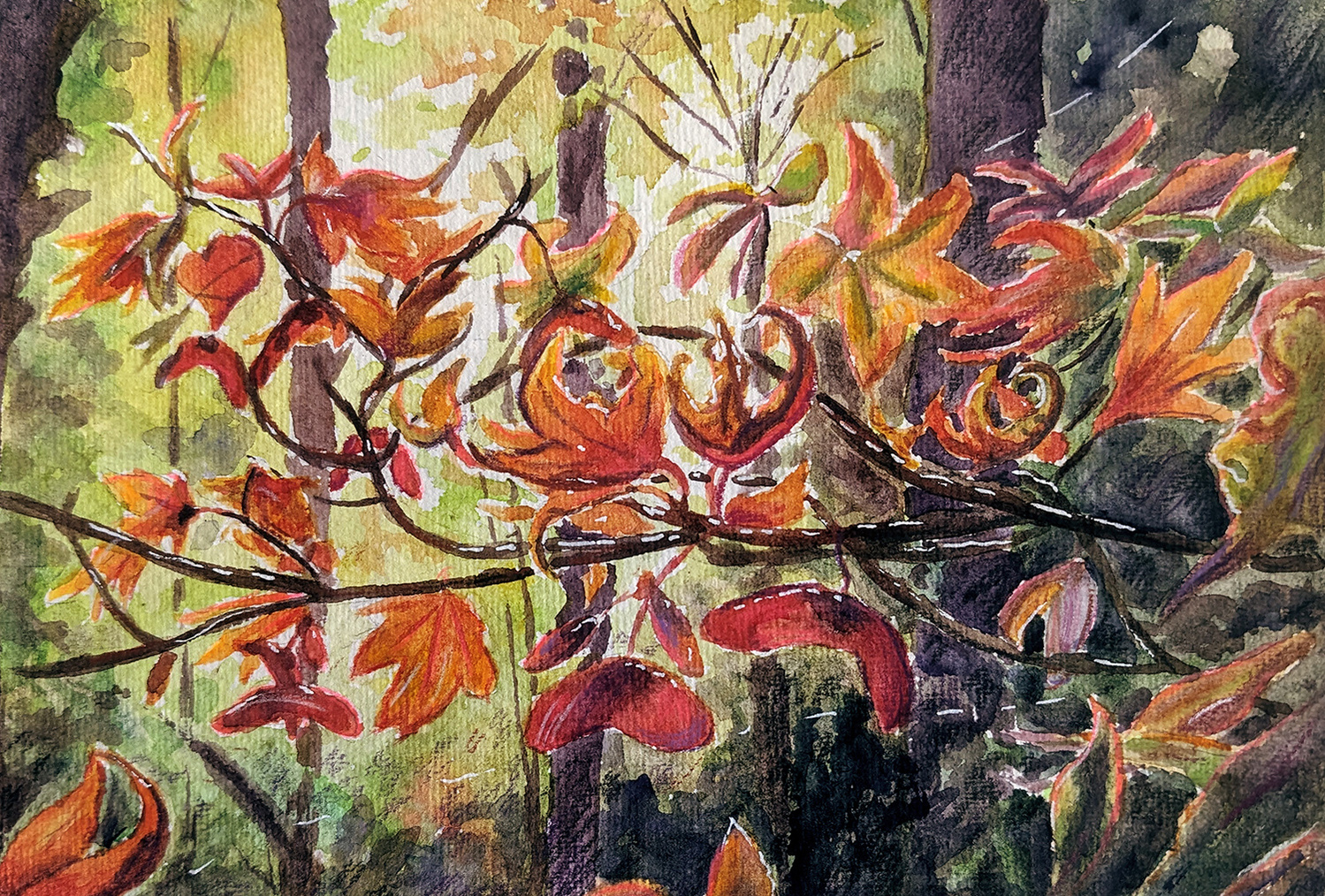 A painting of leaves with warm hues of red and orange and gold. Light shines through them from behind as seen through the hazy golden forest in the background.