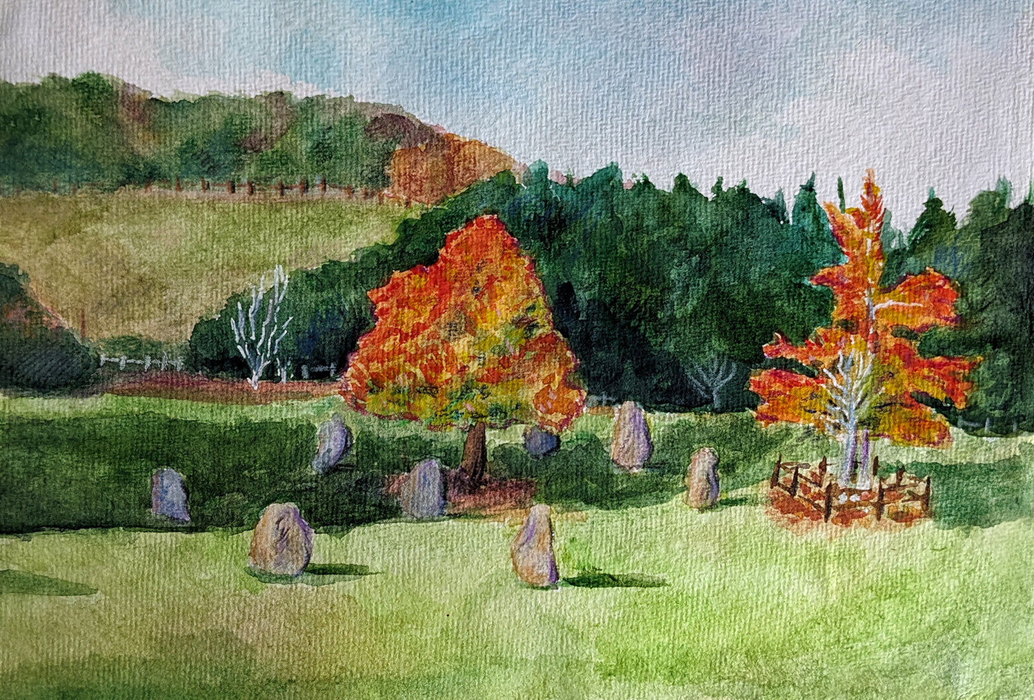 Painting of a field with standing stones and two trees with orange leaves