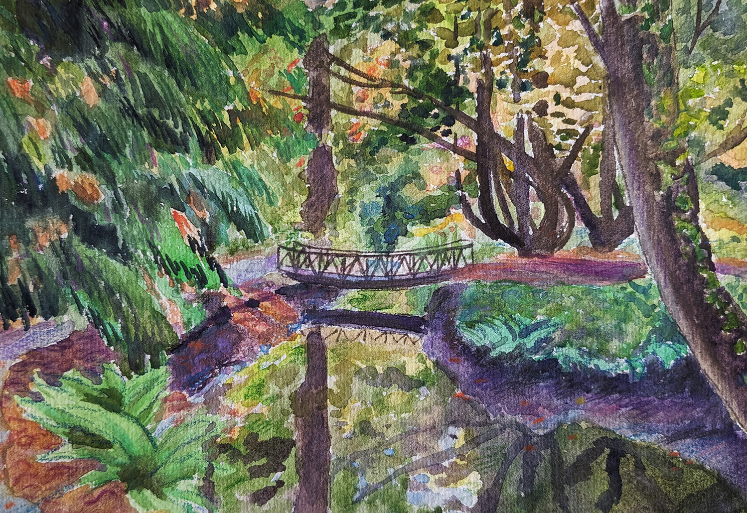 A painting of a wooden bridge over a small stream with the bridge reflected in the water. A tree leans into the image on the right and on the left is a pine tree. There is the path on the left which also goes the bridge. The leaves are orange.
