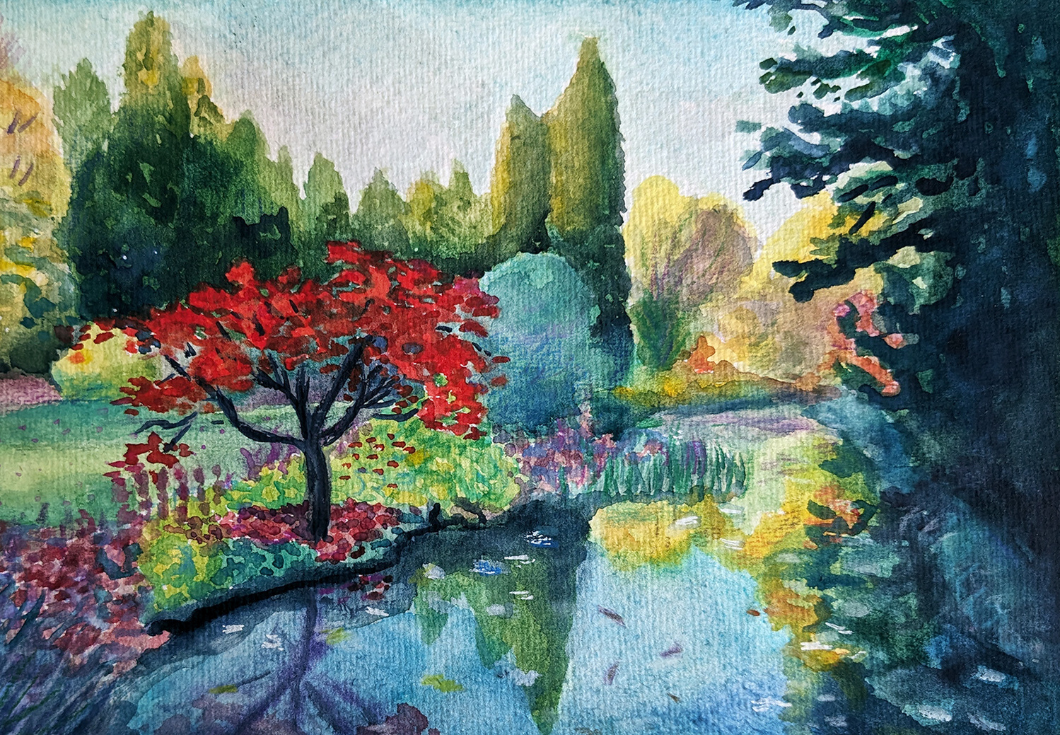 A painting of a red tree which stands at the side of a still pond with tall evergreens visible in the background. The tree and evergreens are visibly reflected in the pond. The right side of the image has thick dark foliage. 