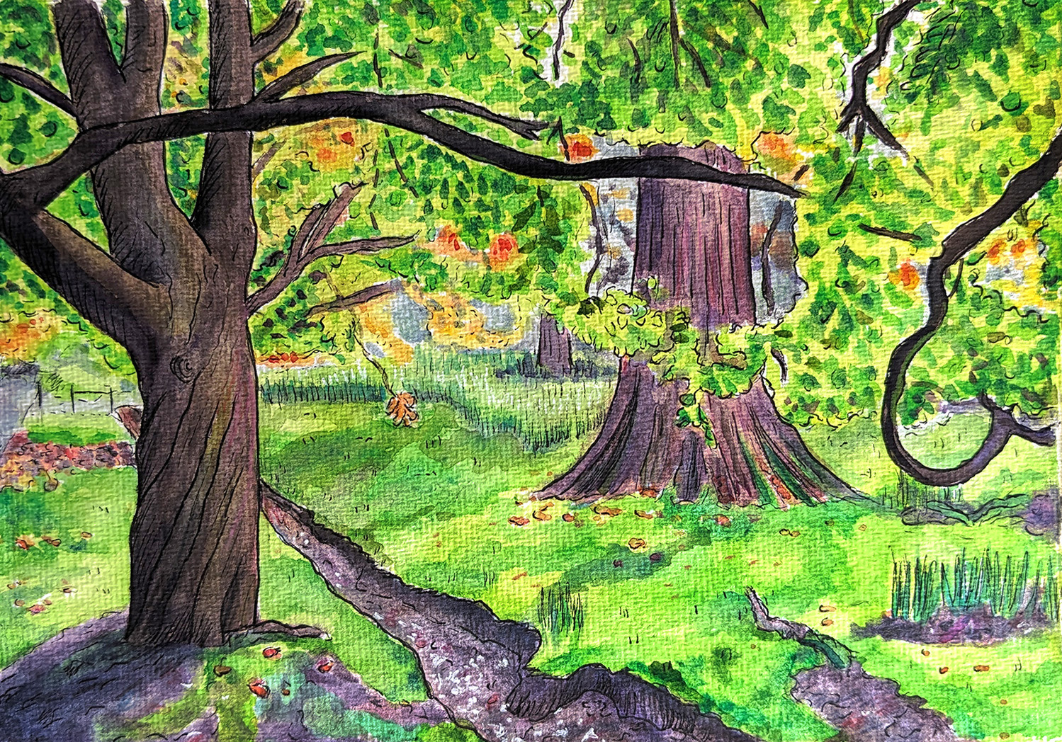 A painting of a dry stream bed going through an open green woodland. Two twisted tree trunks are visible, the leaves are mostly light green but are starting to turn gold and orange at the end of the branches.