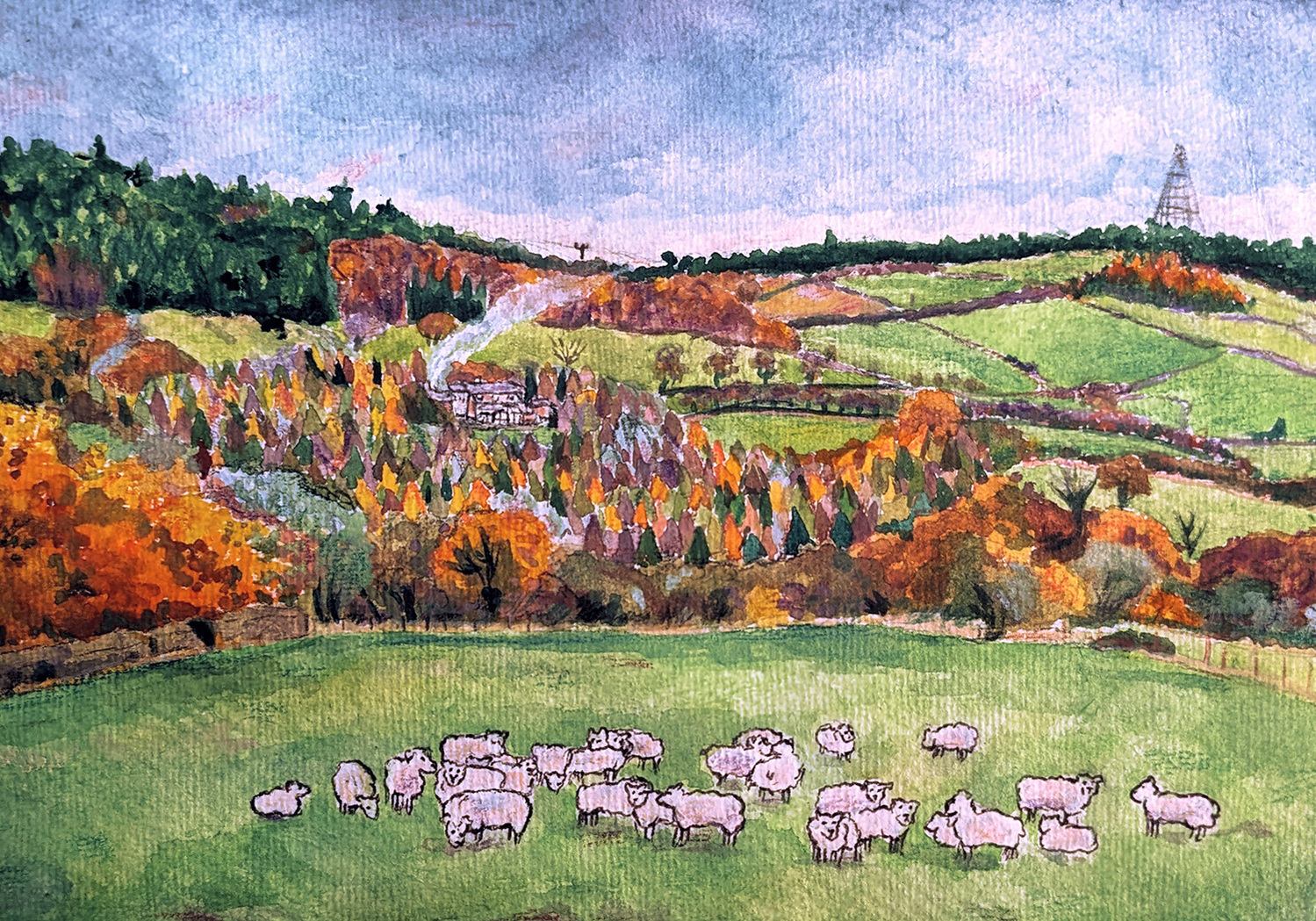 A painting of a flock of sheep in front of a wooded hillside with a visible hamlet and smoke coming from a chimney. In the distance a green pine forest is visible alongside electric pylons.