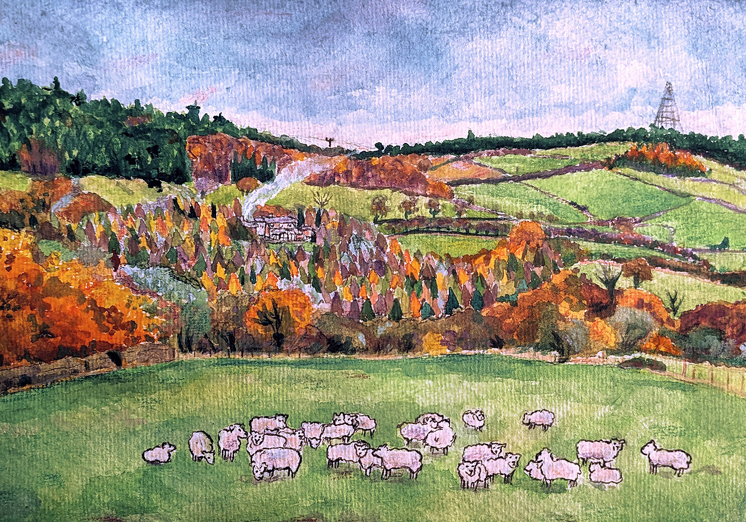 A painting of a flock of sheep in front of a wooded hillside with a visible hamlet and smoke coming from a chimney. In the distance a green pine forest is visible alongside electric pylons.