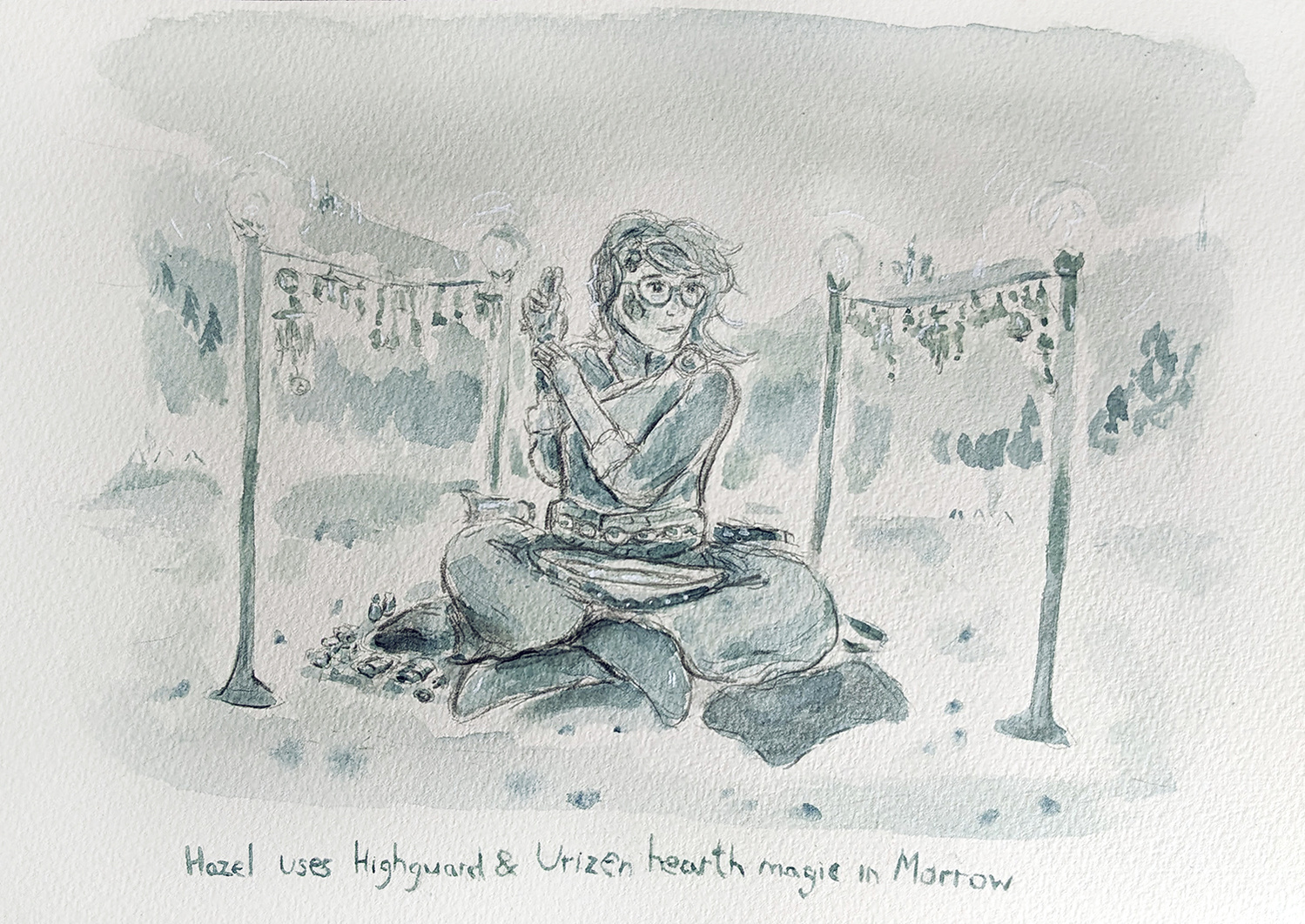 A monotone image of a young woman sitting on the ground and washing her hands in a basin. There are mountains behind her and she is surrounded by lights.