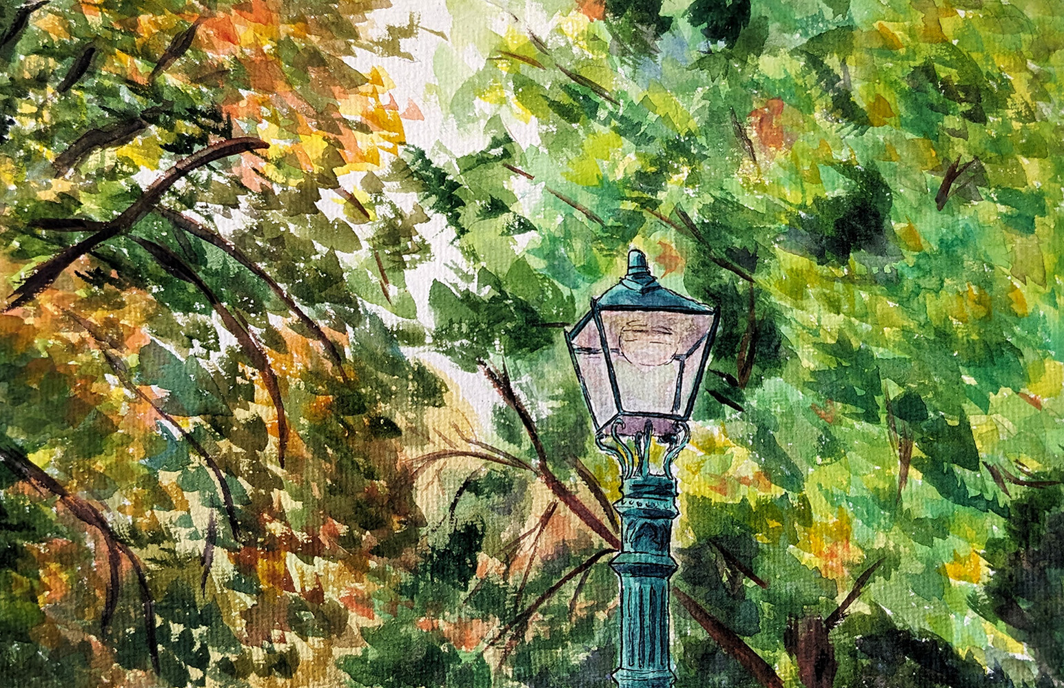 A painting of a green victorian lamppost stands in front of green and gold trees, the leaf shapes are visible through the brush strokes. 