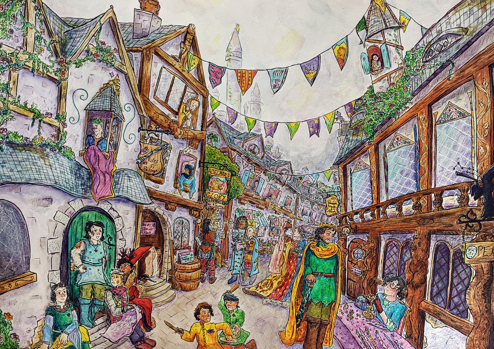 A medieval fantasy street with Arthurian characters interacting with each other. There is bunting, taverns, witches and wizards.