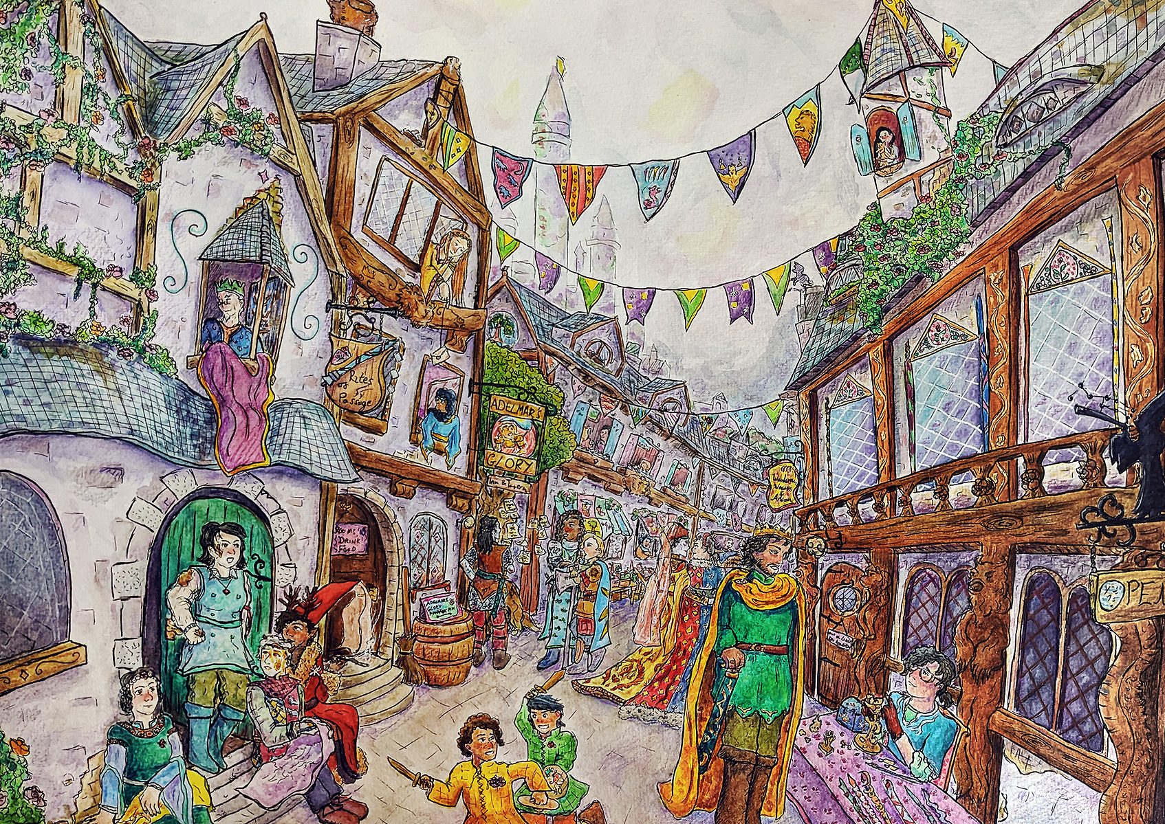 A medieval fantasy street with Arthurian characters interacting with each other. There is bunting, taverns, witches and wizards.