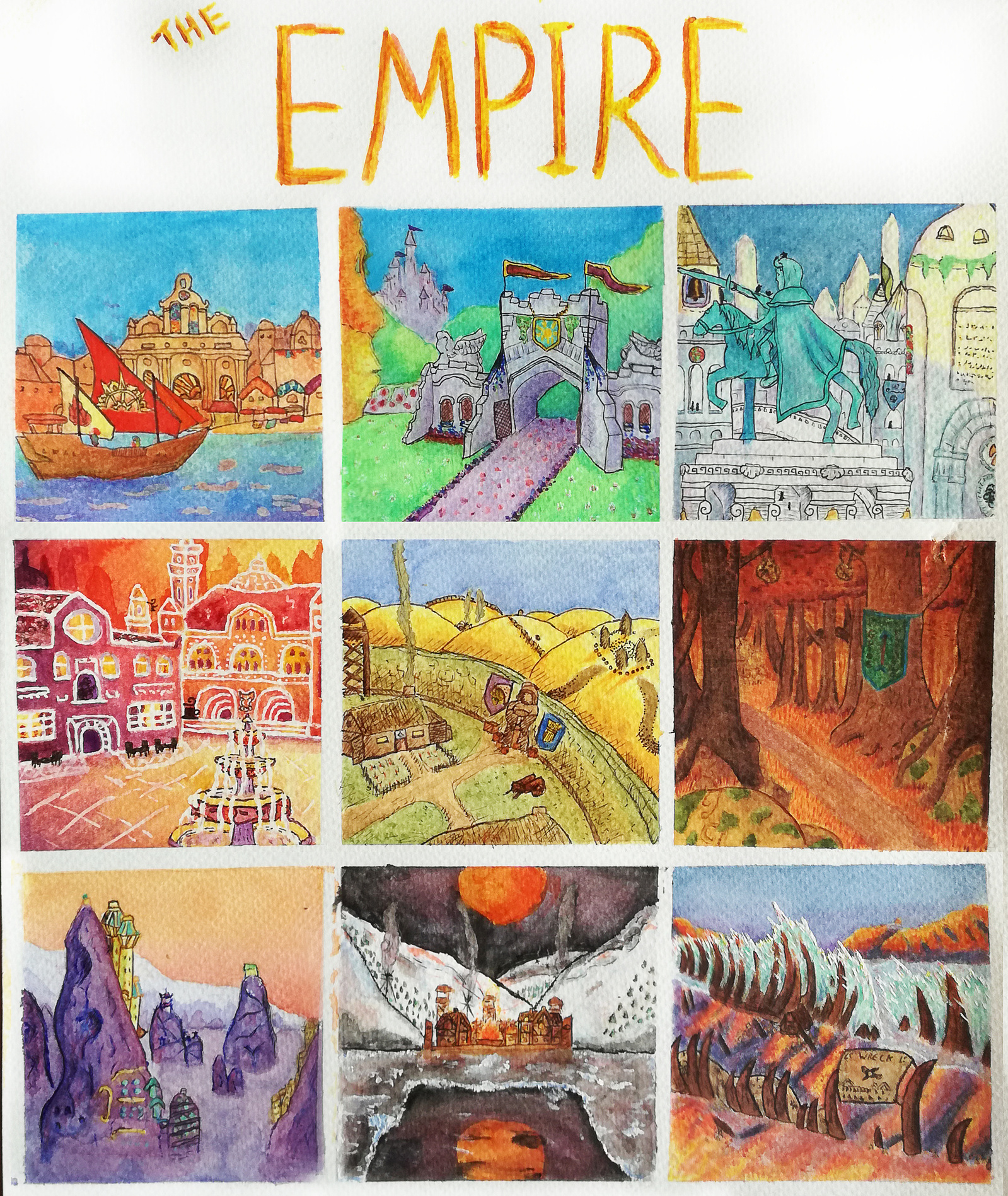 A 9x9 image of fantasy setting focussing on medieval designs and layouts. 