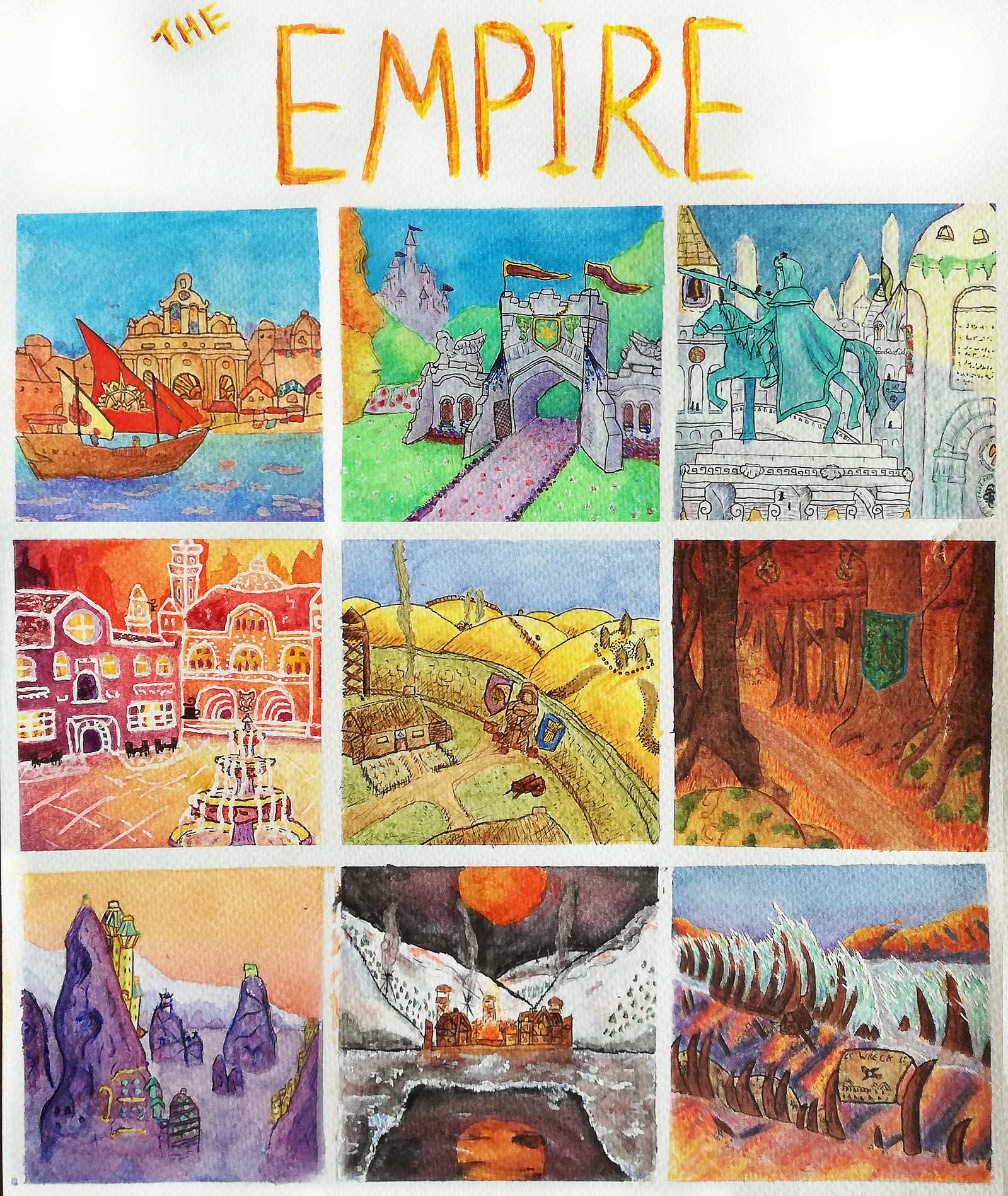 A 9x9 image of fantasy setting focussing on medieval designs and layouts. 