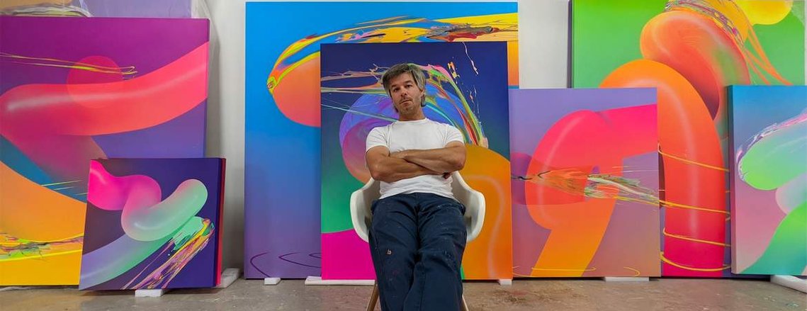 Erik Minter in his art studio, with works in progress for his show 'Dopamine'