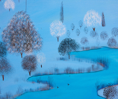 A detail from a snowy landscape painting