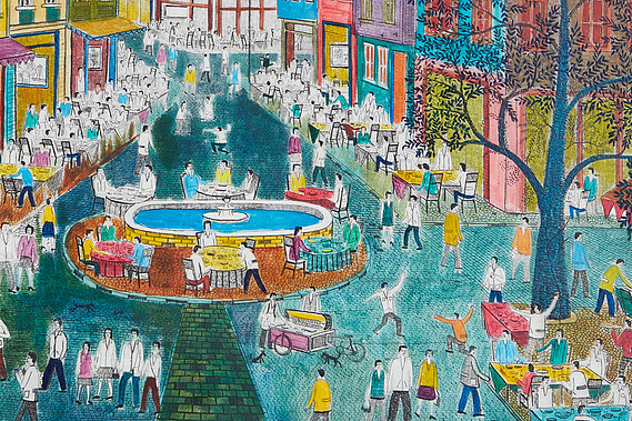Detail from the engraving of those having fun in Istanbul, colored