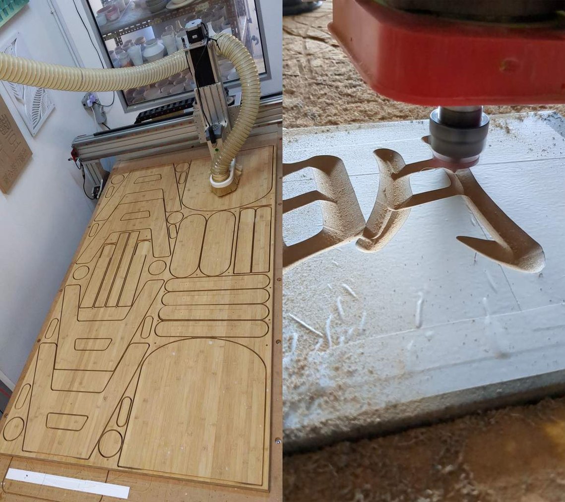 Workshop in Singapore using CNC to produce wood furniture and signboards. 