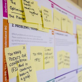 Purple Raindrop project planning board with yellow sticky notes. 