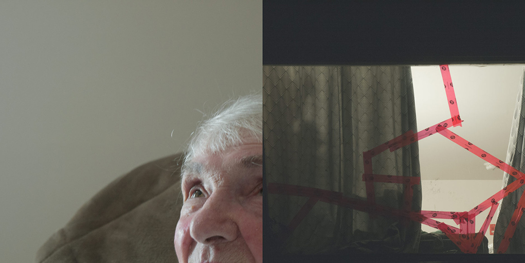 A diptych, one photograph of an old woman looking into space combined with a photograph of a broken window with red tape along the cracks