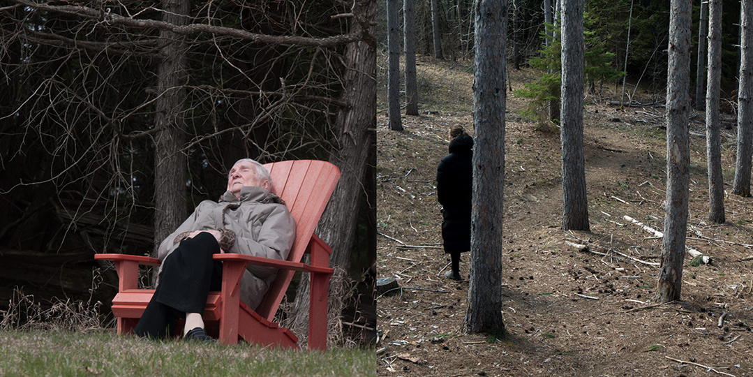 A diptych: one photograph of an old woman sleeping in a red Muskoka chair beside a forest, the other photo of a yound woman standing amond trees in a forest.