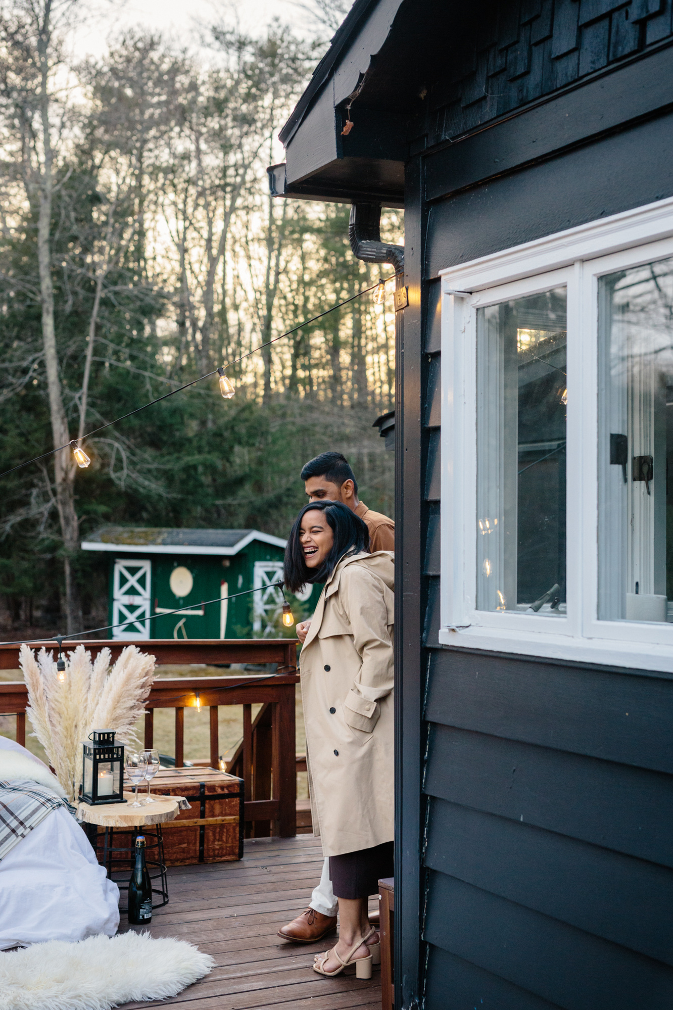 A surprise proposal and couple's engagement session in the Catskills Region of Upstate New York at an Airbnb in Saugerties near Woodstock.