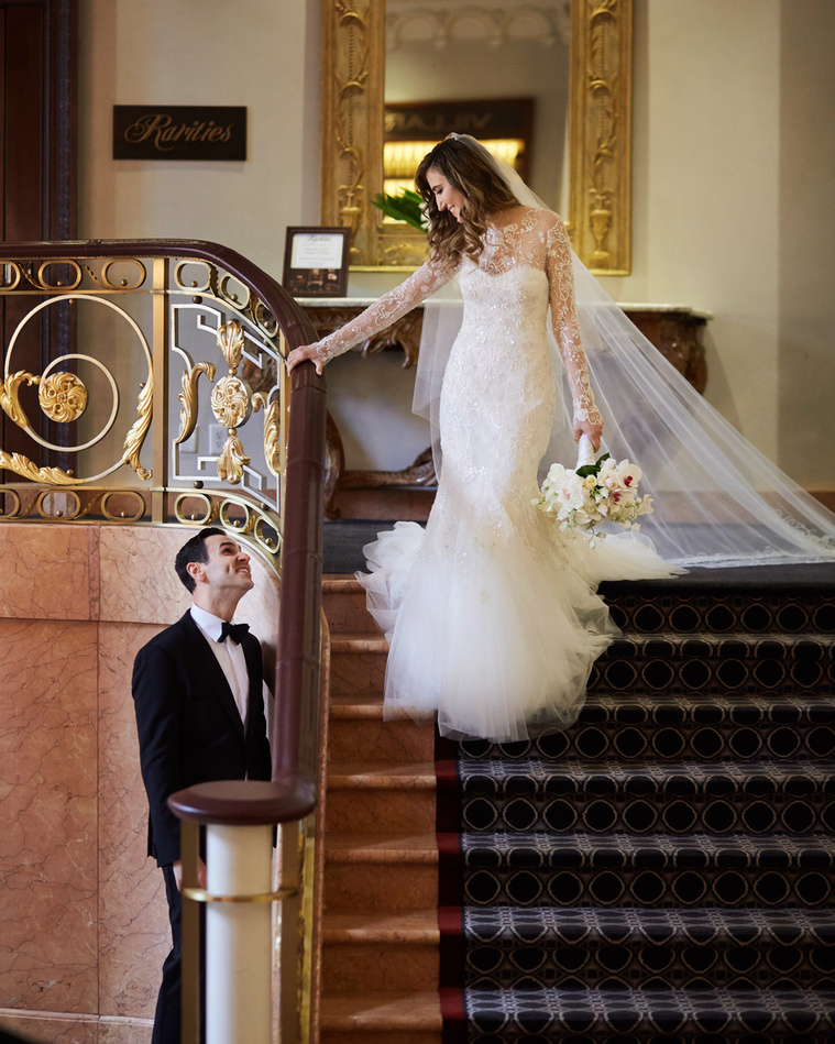 Jodie and Josh during first look at Lotte New York Palace before their Rainbow Room wedding in New York City.
