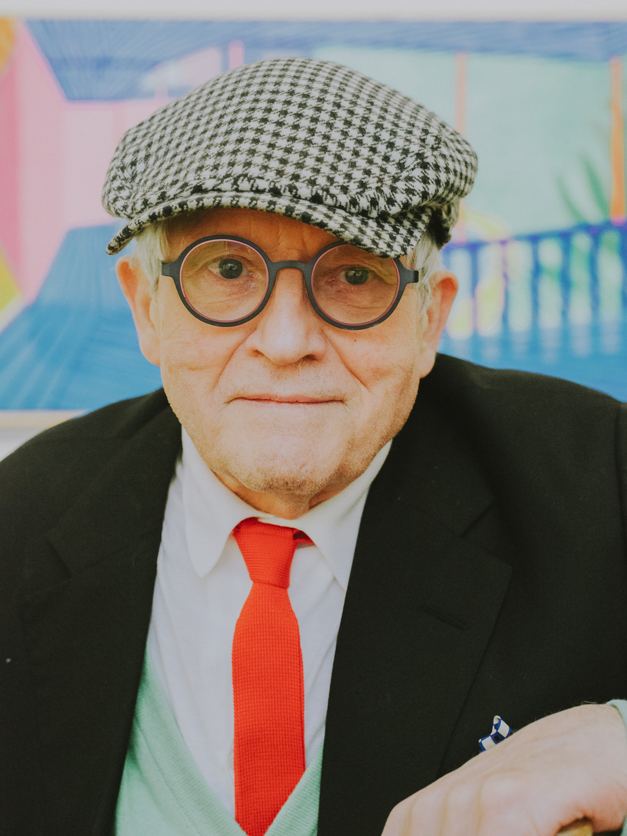 David Hockney in his retrospective exhibition at the Metropolitan Museum of Art, 2017. CREDIT: Charlie Rubin for The New York Times