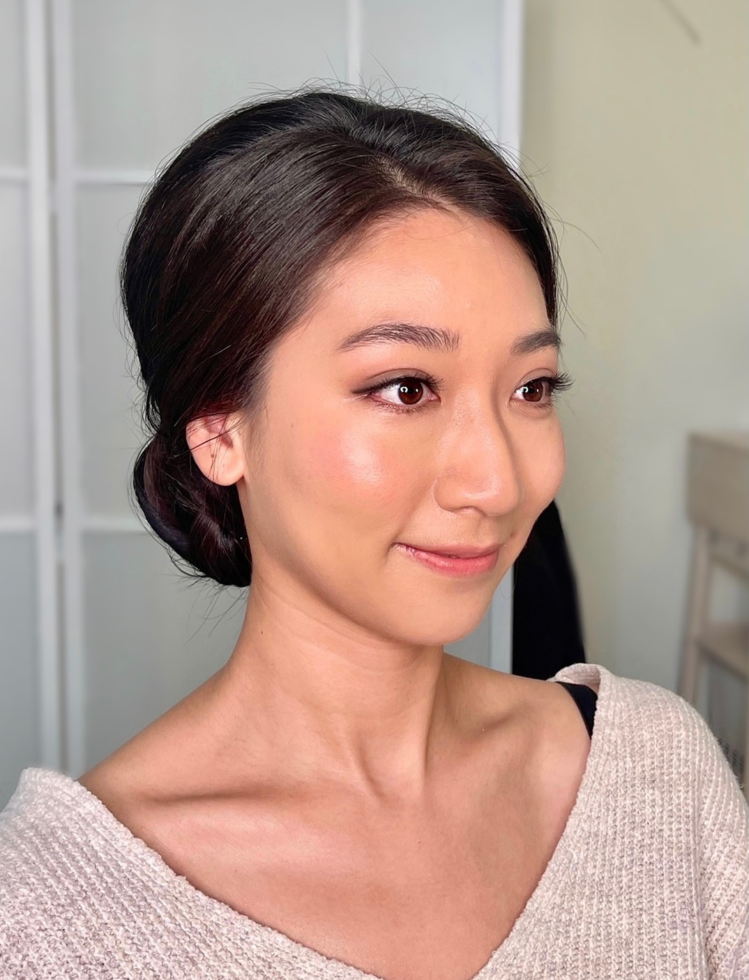 Korean style makeup, sophisticated bride look with clean elegant updo.