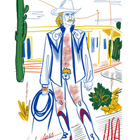 cowboy illustration, nude, digital, americana, artwork, men, naked, desert, art for sale, poster, print