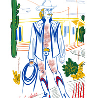 cowboy illustration, nude, digital, americana, artwork, men, naked, desert, art for sale, poster, print