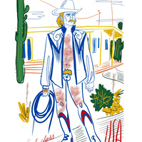 cowboy illustration, nude, digital, americana, artwork, men, naked, desert, art for sale, poster, print
