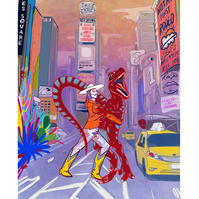 illustration, cowboy, fun, king kong, raptor, new york, times sq