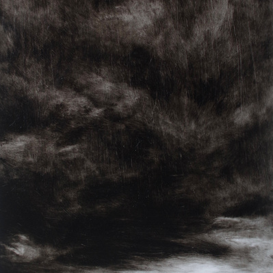 Simon Piveteau - Paysage peint en noir et blanc avec un grand ciel pluvieux et des nuages noirs. Dark landscape painting painted in black and white with clouds. Peinture à l'huile sur polyester transparent. Oil painting on see-through polyester.
