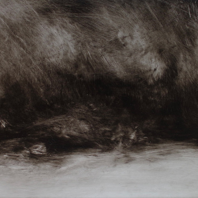 Simon Piveteau - Peinture sombre en noir et blanc imprécise avec un clair-obscur. Dark black and white blurred painting with chiaroscuro. Peinture à l'huile sur polyester transparent. Oil painting on see-through polyester.