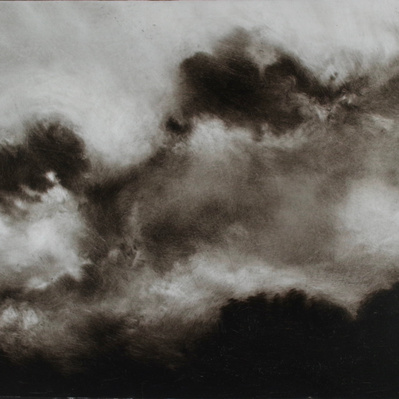 Simon Piveteau - Paysage peint en noir et blanc avec un grand ciel et des nuages en clair-obscur. Landscape painting painted in black and white with chiaroscuro. Peinture à l'huile sur polyester transparent. Oil painting on see-through polyester.