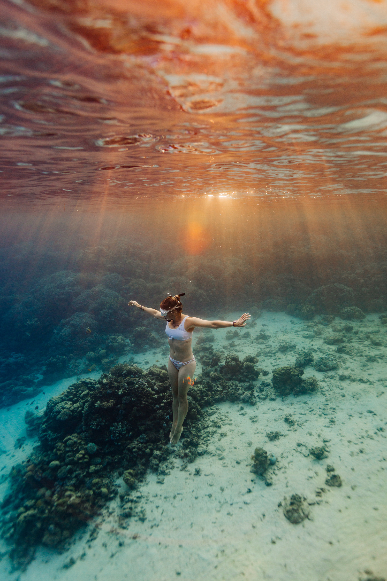 The orange glow of the sunset filters down through the water of the red sea where a woman hangs effortlessly underwater